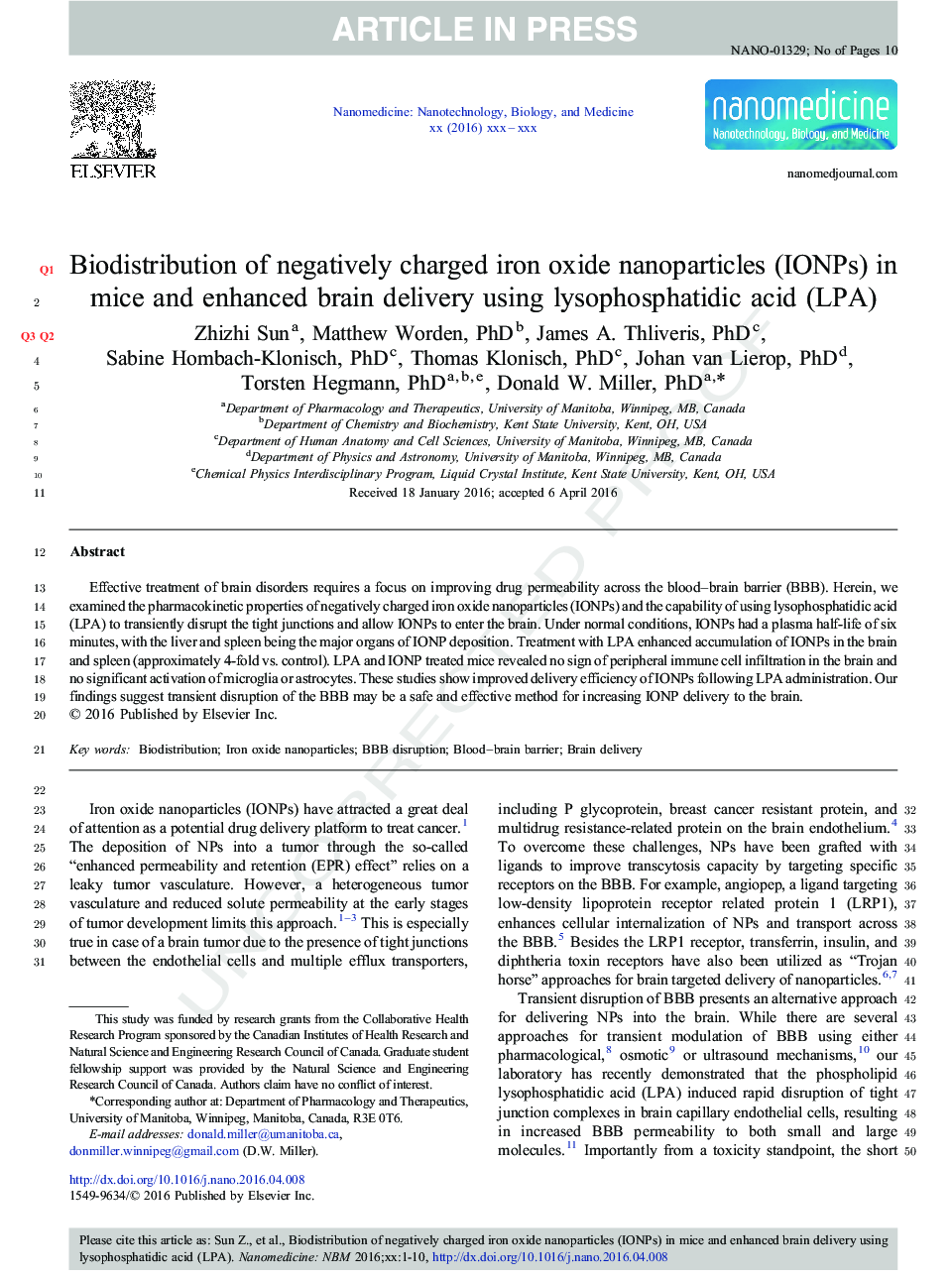 Biodistribution of negatively charged iron oxide nanoparticles (IONPs) in mice and enhanced brain delivery using lysophosphatidic acid (LPA)