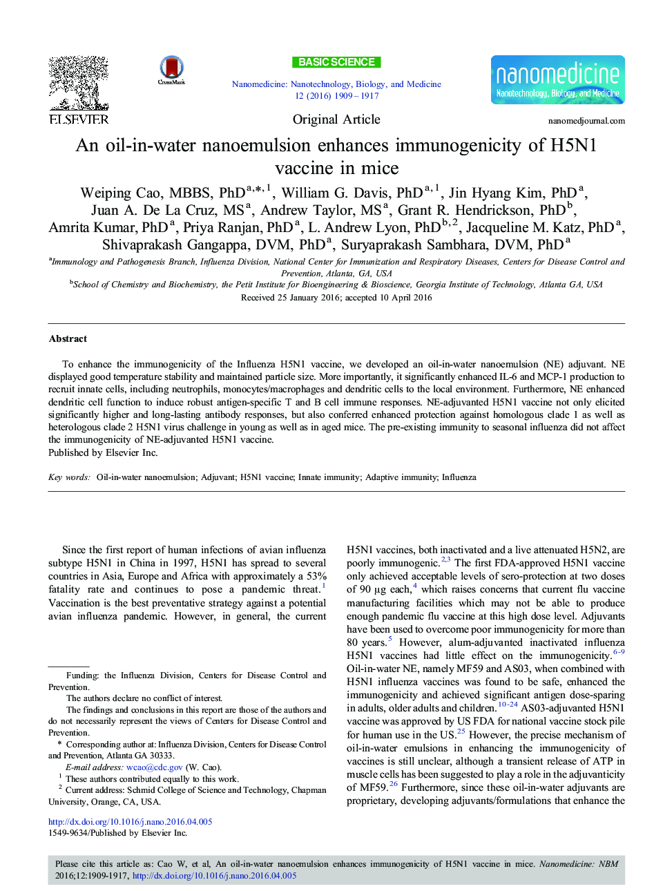 An oil-in-water nanoemulsion enhances immunogenicity of H5N1 vaccine in mice