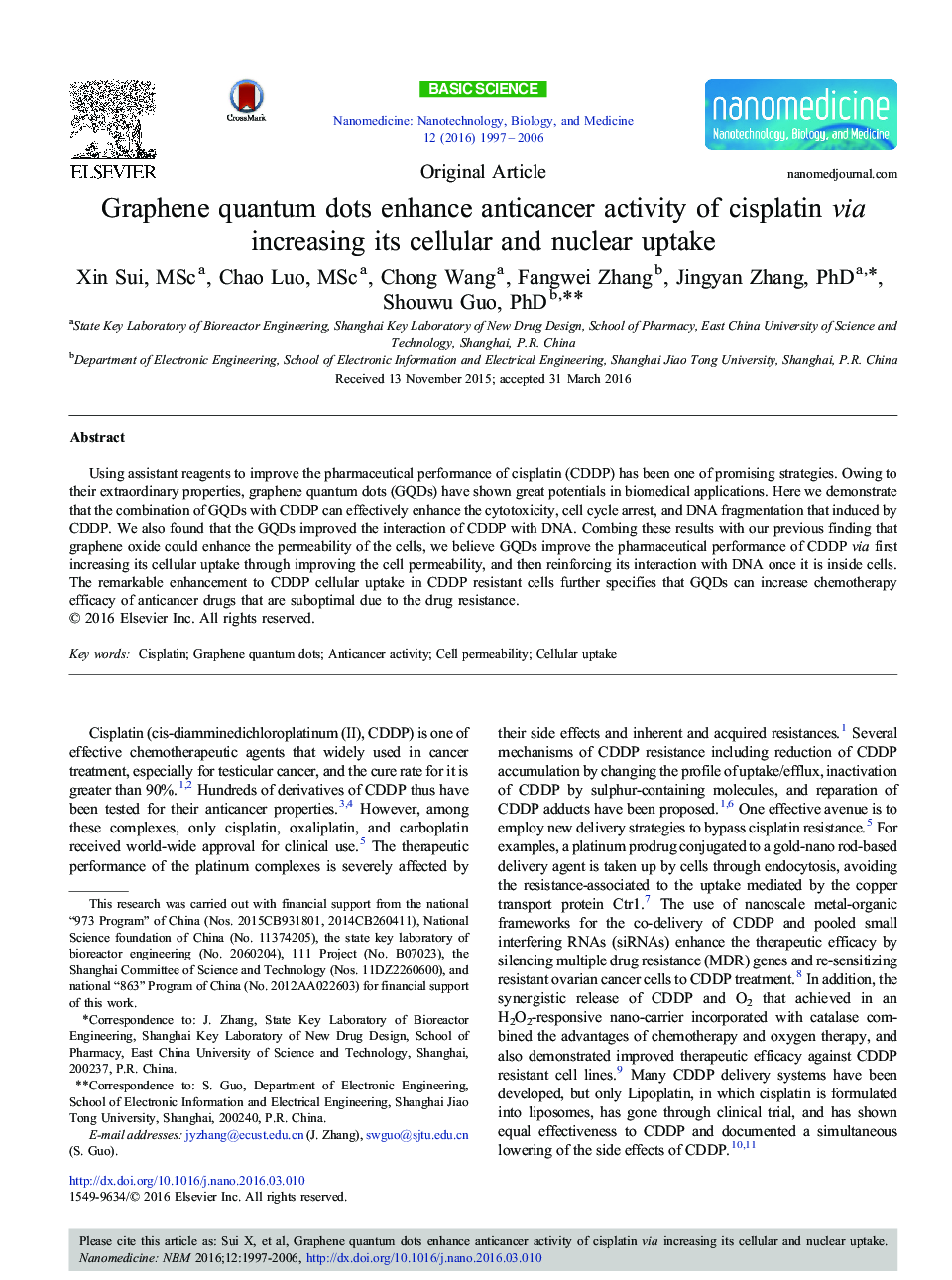 Graphene quantum dots enhance anticancer activity of cisplatin via increasing its cellular and nuclear uptake