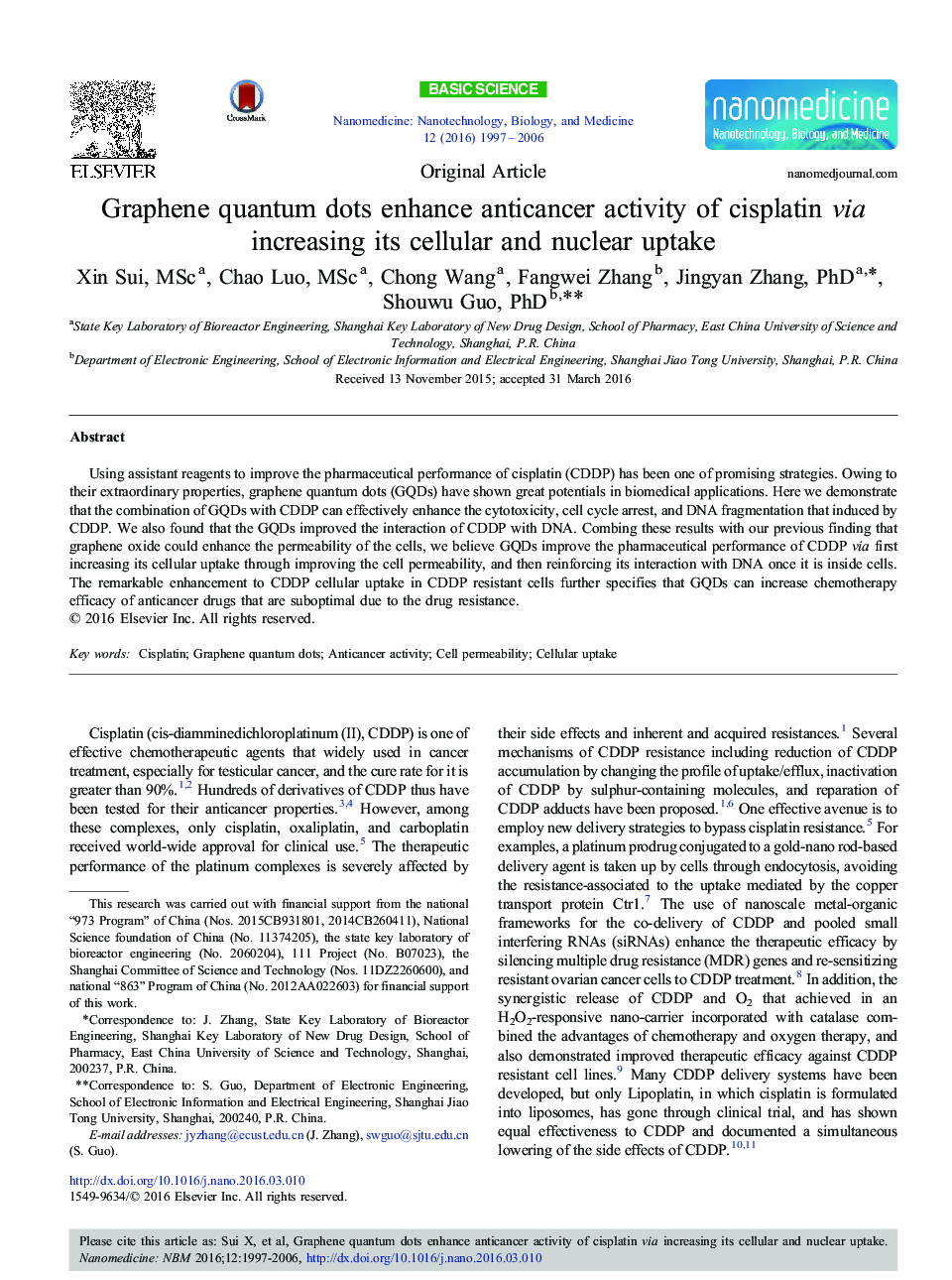 عکس صفحه اول مقاله: Graphene quantum dots enhance anticancer activity of cisplatin via increasing its cellular and nuclear uptake Graphene quantum dots enhance anticancer activity of cisplatin via increasing its cellular and nuclear uptake