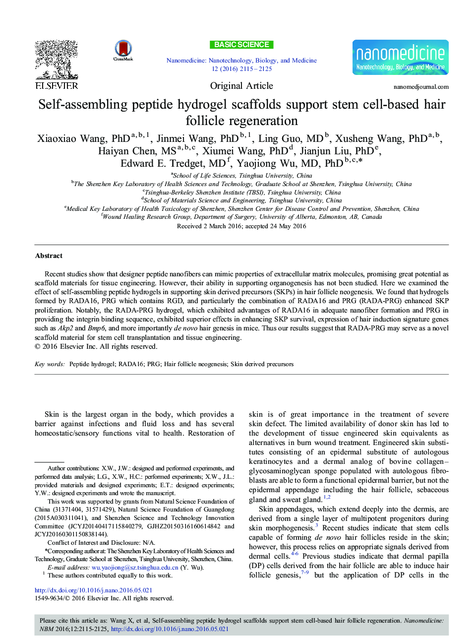 Original ArticleSelf-assembling peptide hydrogel scaffolds support stem cell-based hair follicle regeneration