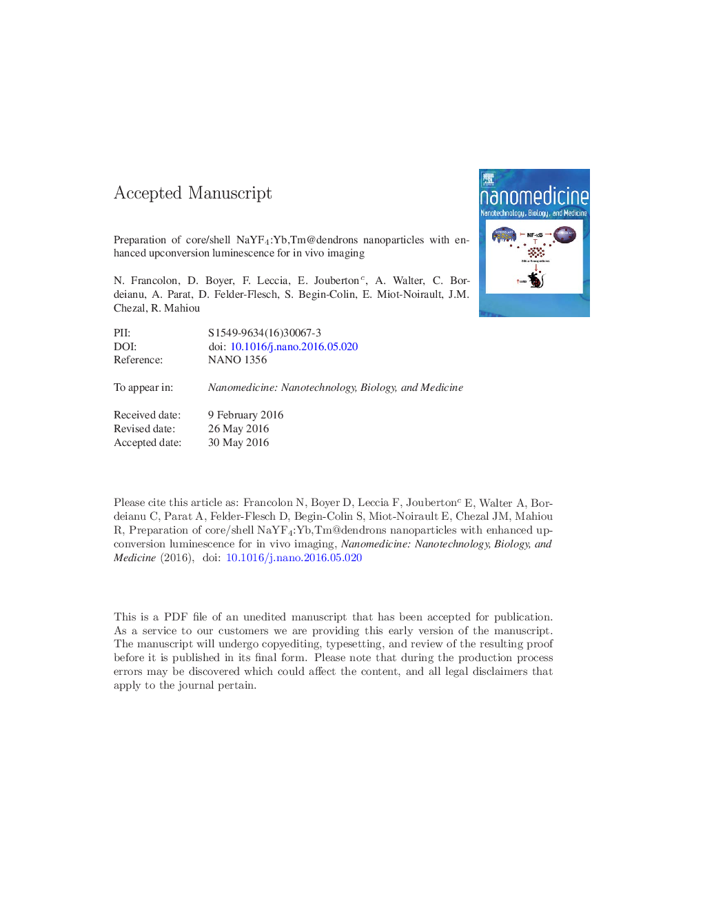 Preparation of core/shell NaYF4:Yb,Tm@dendrons nanoparticles with enhanced upconversion luminescence for in vivo imaging