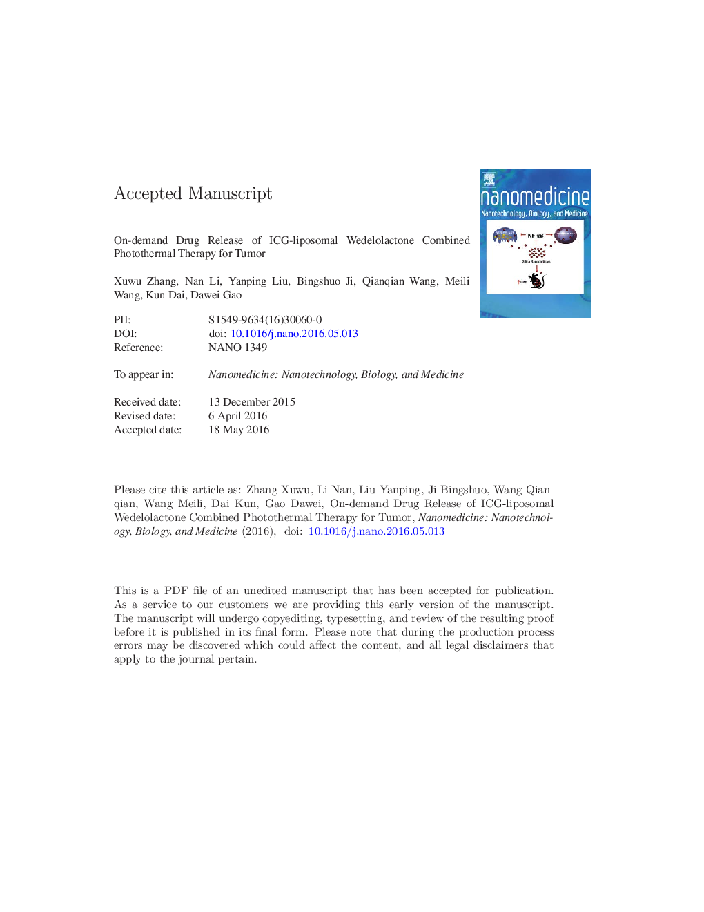 On-demand drug release of ICG-liposomal wedelolactone combined photothermal therapy for tumor