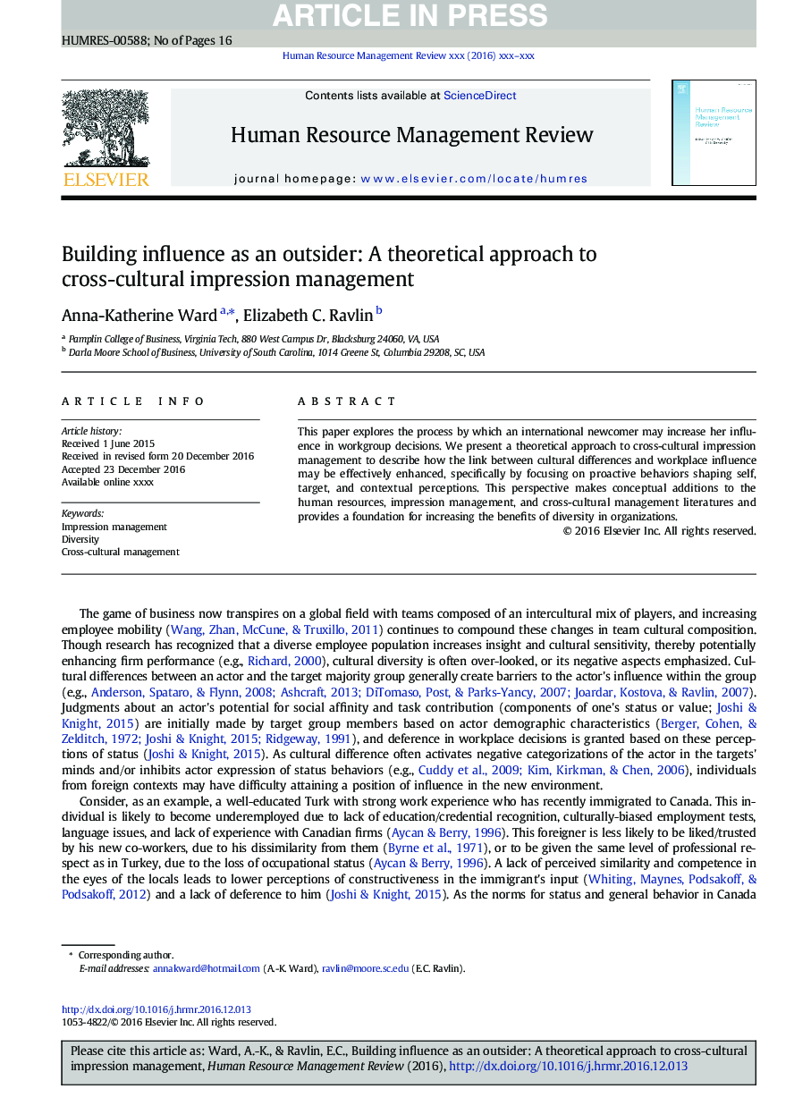 Building influence as an outsider: A theoretical approach to cross-cultural impression management