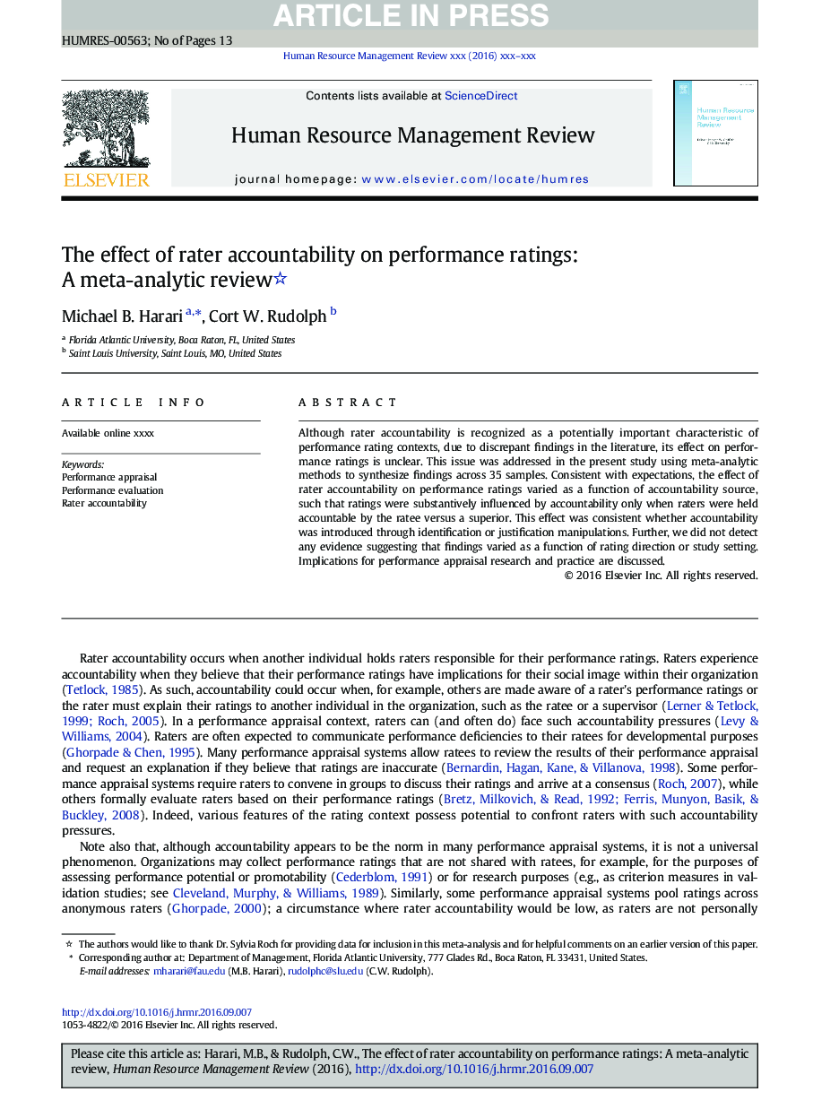 The effect of rater accountability on performance ratings: A meta-analytic review