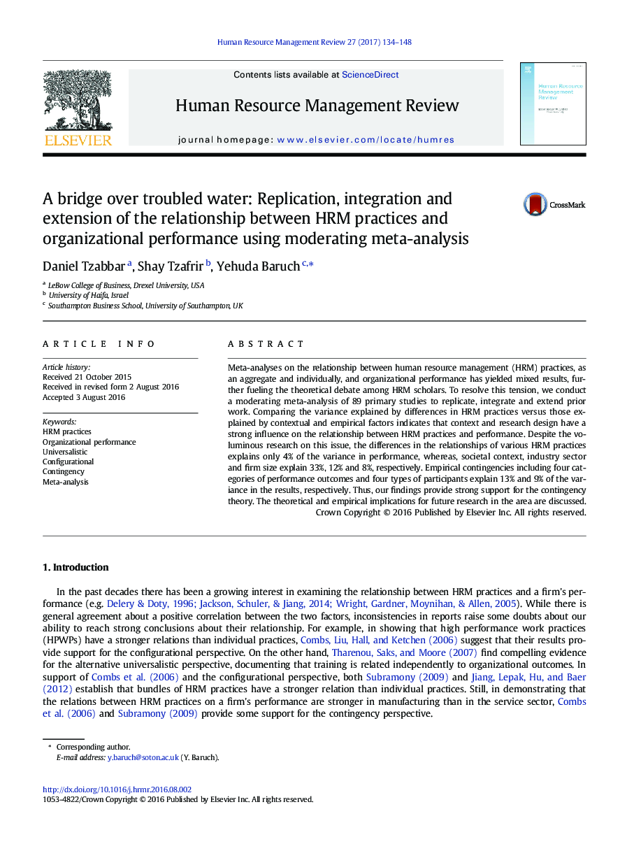 A bridge over troubled water: Replication, integration and extension of the relationship between HRM practices and organizational performance using moderating meta-analysis