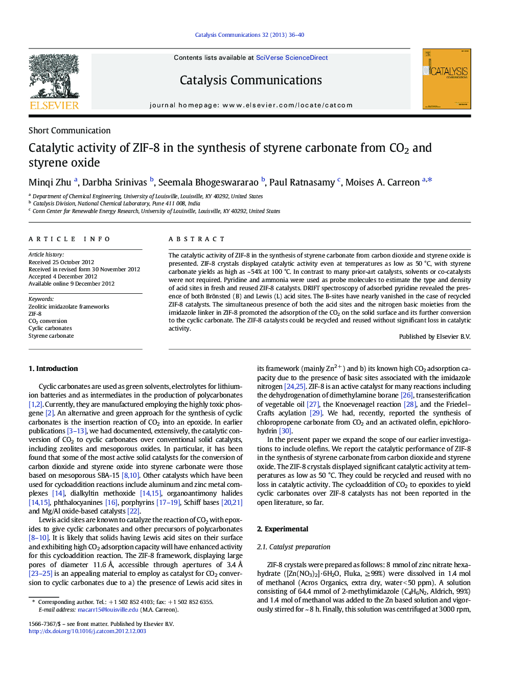 Catalytic activity of ZIF-8 in the synthesis of styrene carbonate from CO2 and styrene oxide