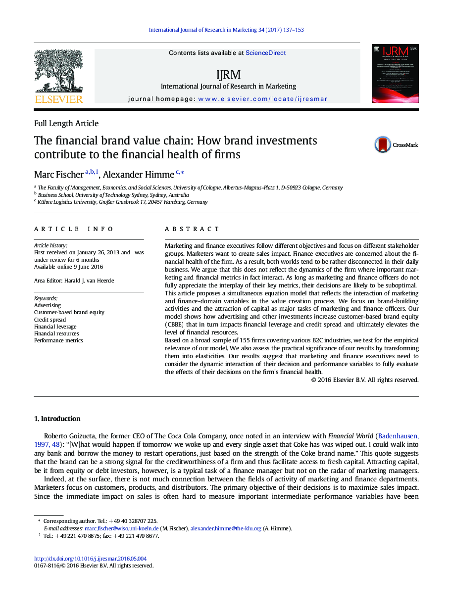 Full Length ArticleThe financial brand value chain: How brand investments contribute to the financial health of firms