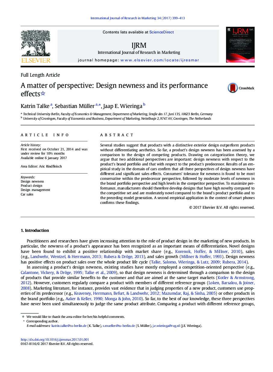 Full Length ArticleA matter of perspective: Design newness and its performance effects