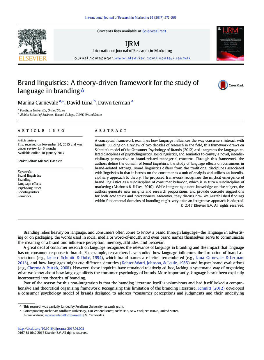 Brand linguistics: A theory-driven framework for the study of language in branding