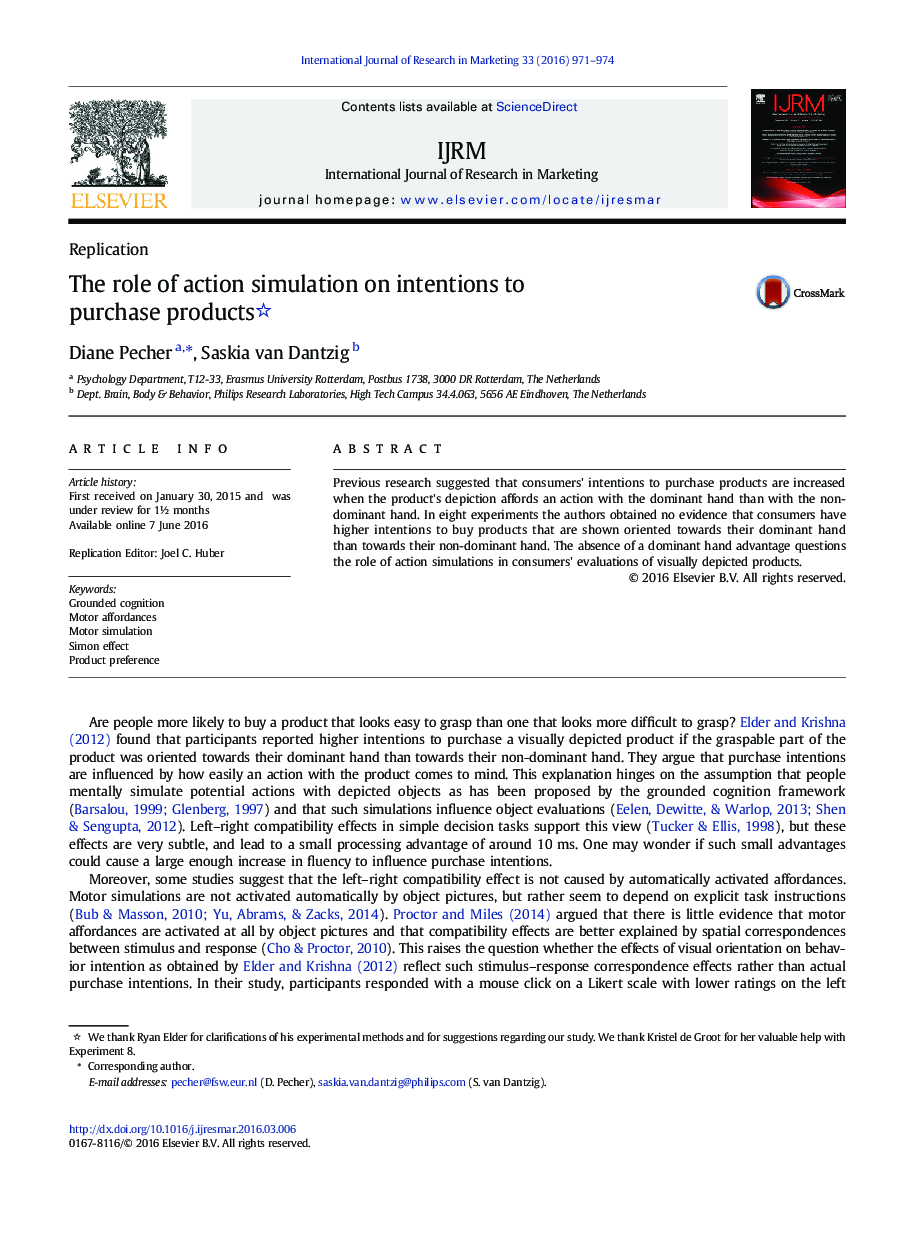 ReplicationThe role of action simulation on intentions to purchase products