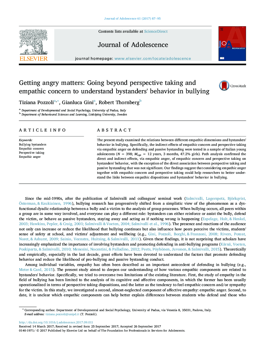 Getting angry matters: Going beyond perspective taking and empathic concern to understand bystanders' behavior in bullying