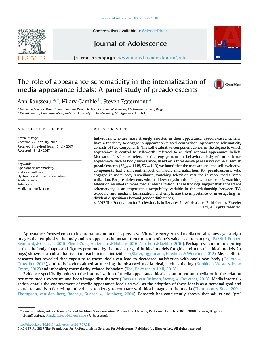 The role of appearance schematicity in the internalization of media appearance ideals: A panel study of preadolescents