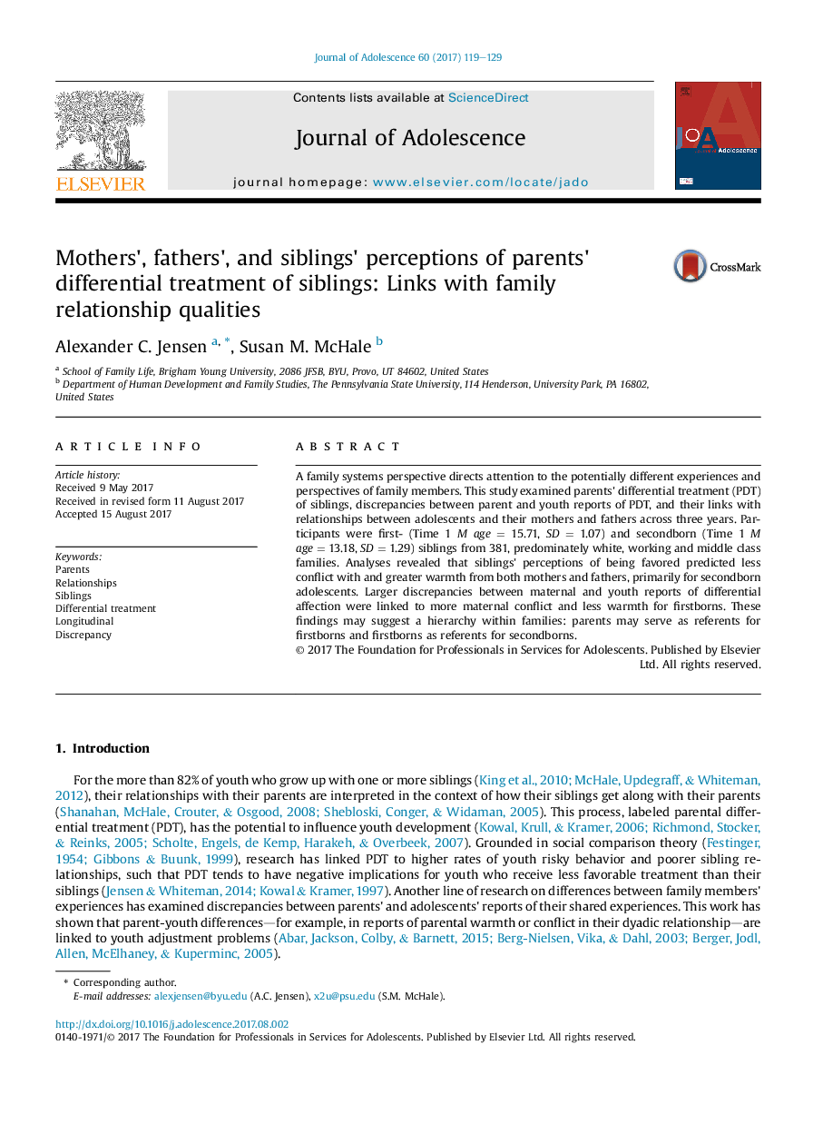 Mothers', fathers', and siblings' perceptions of parents' differential treatment of siblings: Links with family relationship qualities