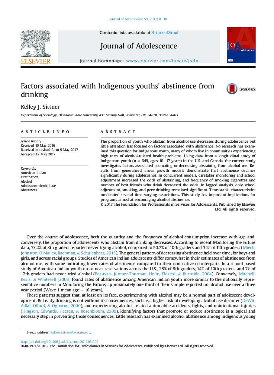 Factors associated with Indigenous youths' abstinence from drinking