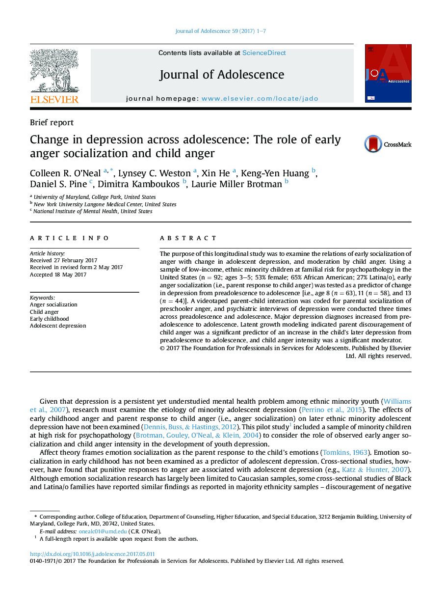 Change in depression across adolescence: The role of early anger socialization and child anger