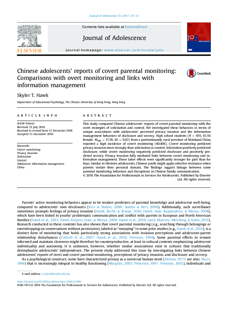 Chinese adolescents' reports of covert parental monitoring: Comparisons with overt monitoring and links with information management