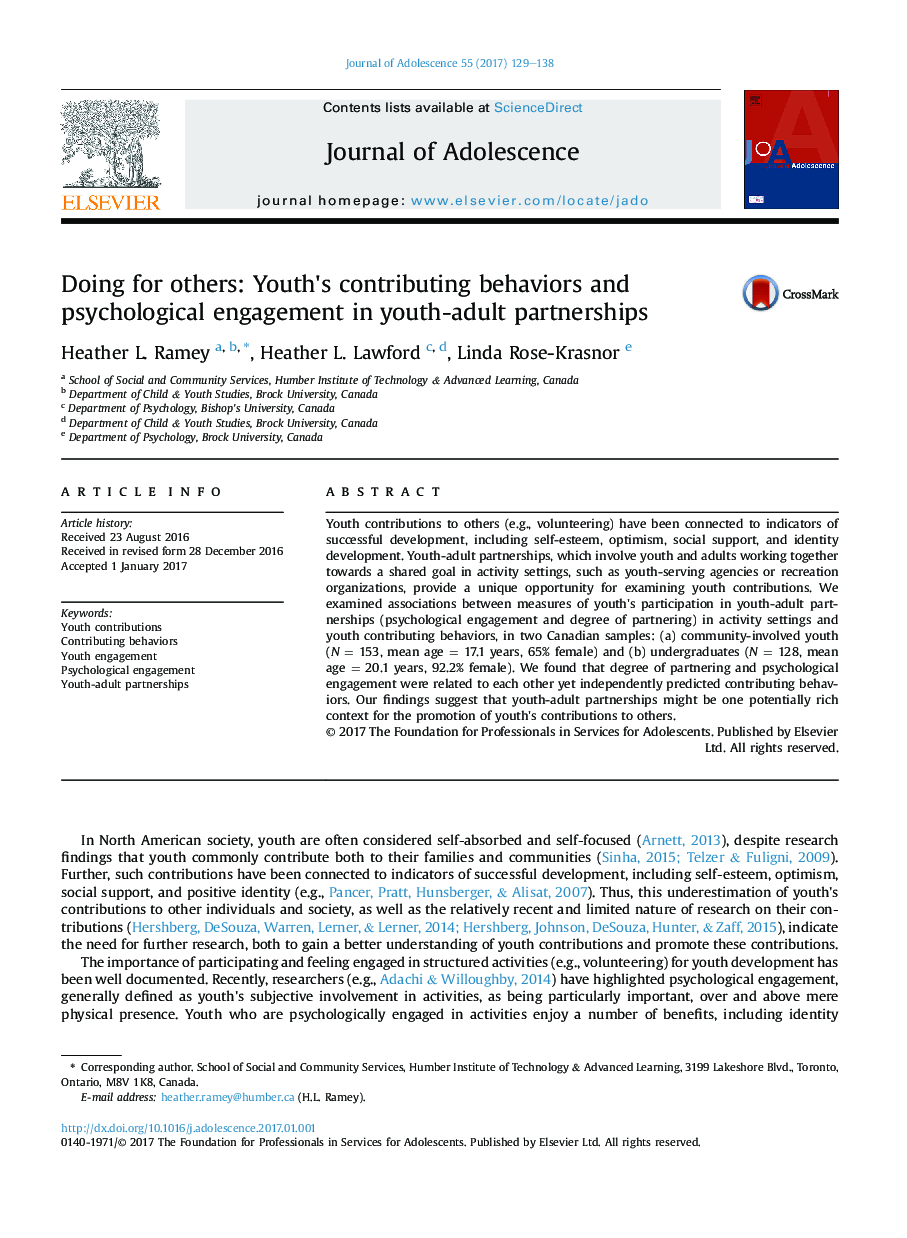 Doing for others: Youth's contributing behaviors and psychological engagement in youth-adult partnerships