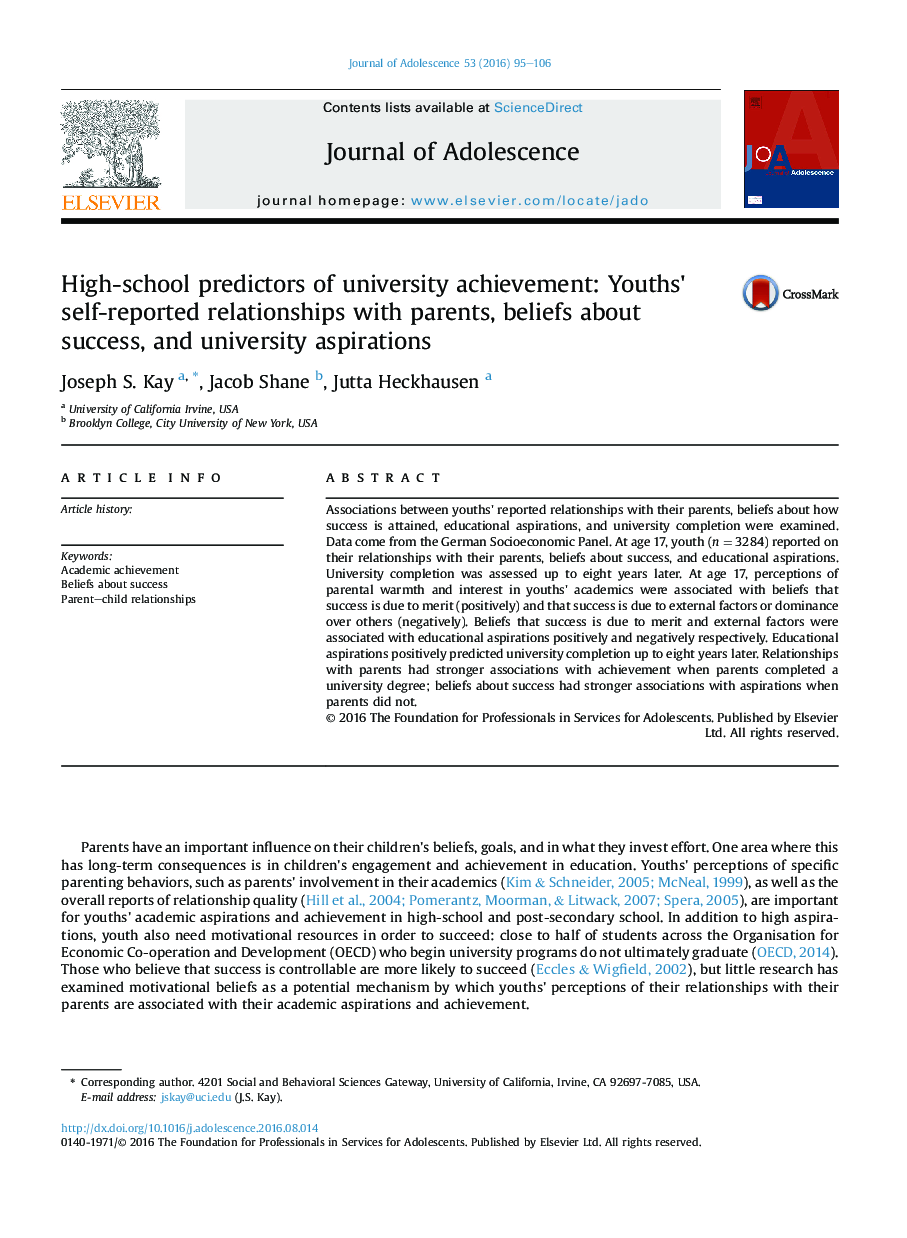 High-school predictors of university achievement: Youths' self-reported relationships with parents, beliefs about success, and university aspirations