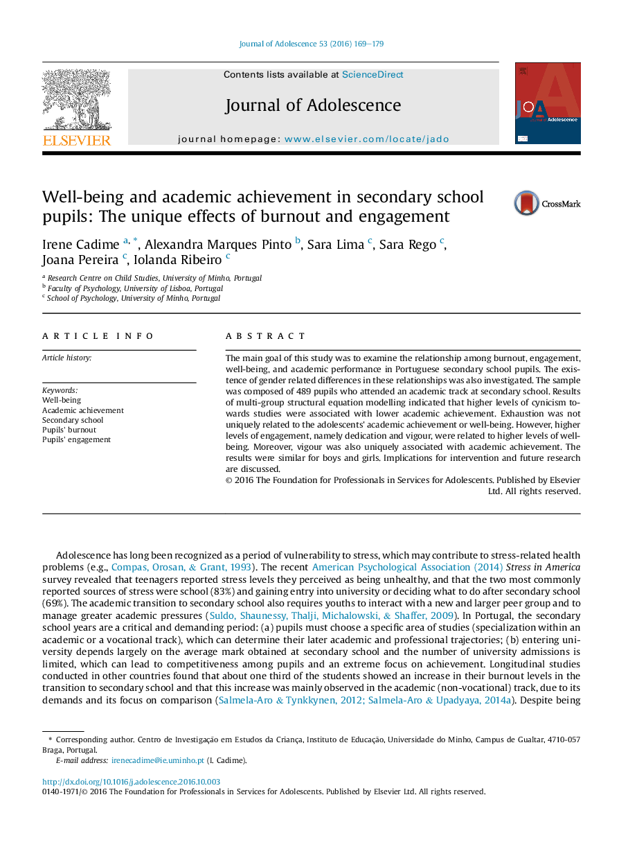 Well-being and academic achievement in secondary school pupils: The unique effects of burnout and engagement