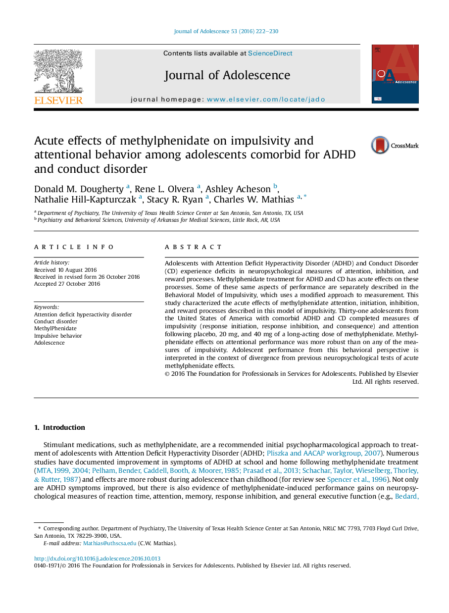 Acute effects of methylphenidate on impulsivity and attentional behavior among adolescents comorbid for ADHD and conduct disorder