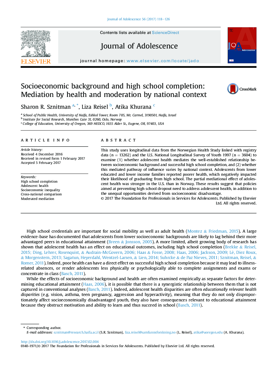 Socioeconomic background and high school completion: Mediation by health and moderation by national context