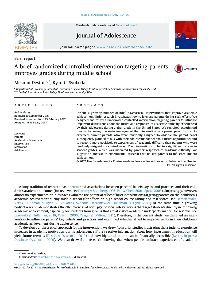 A brief randomized controlled intervention targeting parents improves grades during middle school