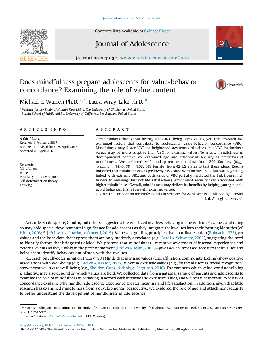 Does mindfulness prepare adolescents for value-behavior concordance? Examining the role of value content