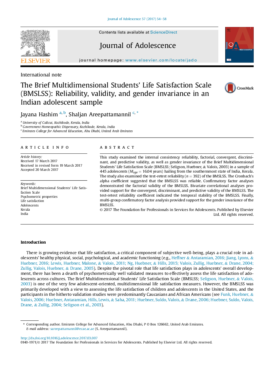 The Brief Multidimensional Students' Life Satisfaction Scale (BMSLSS): Reliability, validity, and gender invariance in an Indian adolescent sample