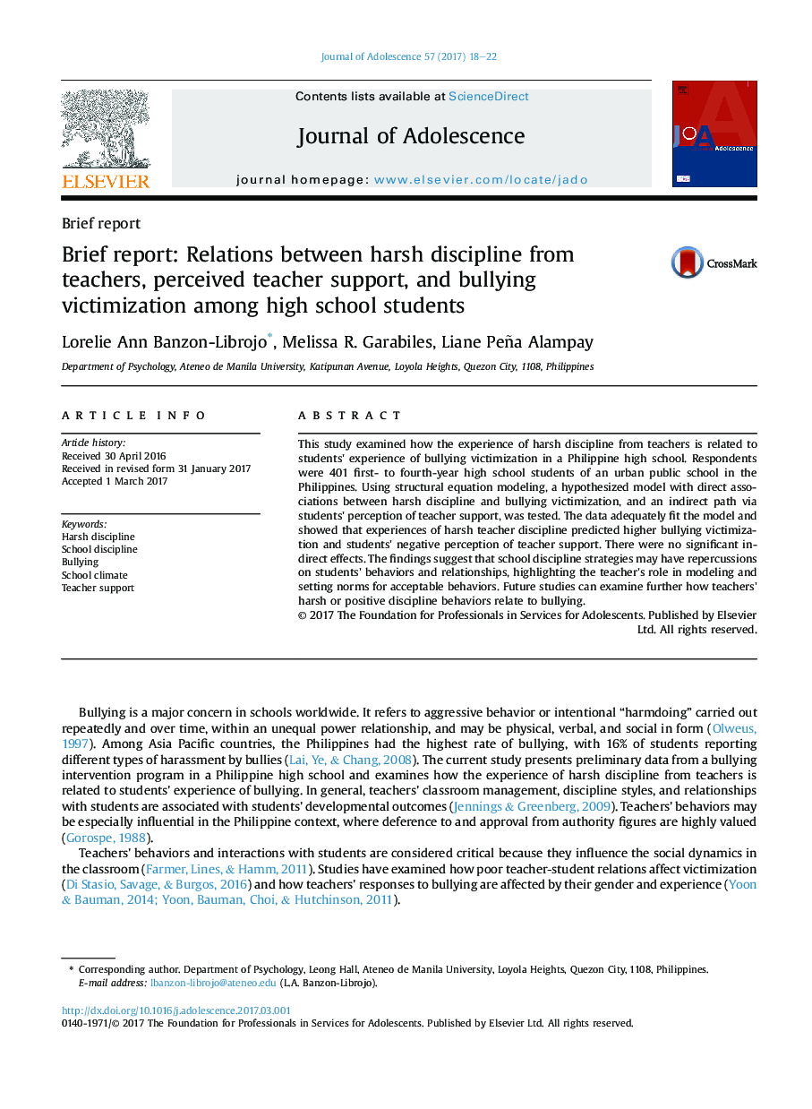 Relations between harsh discipline from teachers, perceived teacher support, and bullying victimization among high school students