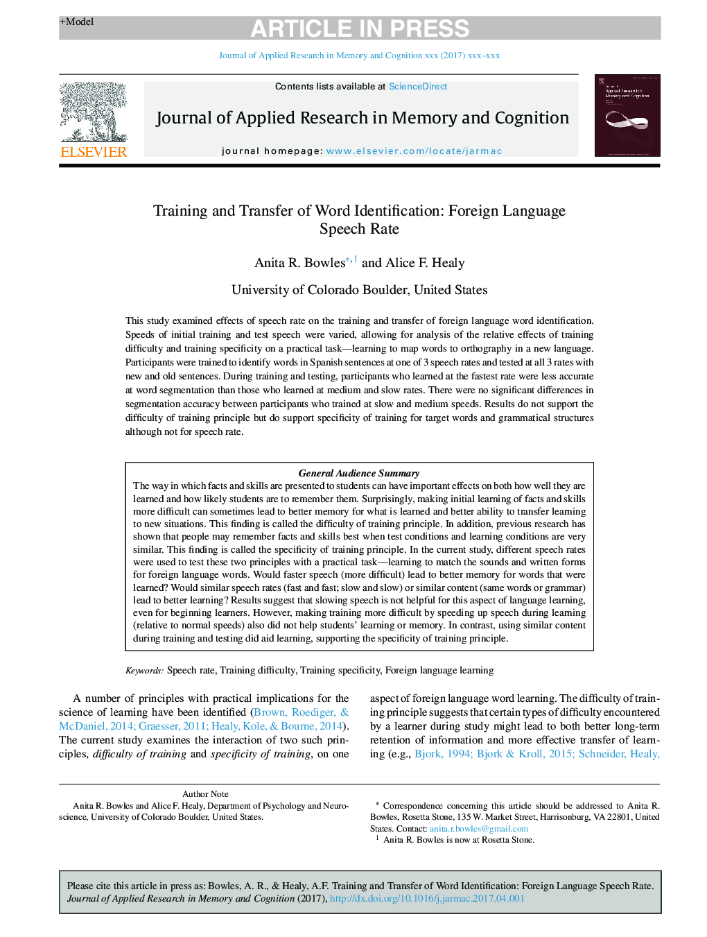 Training and Transfer of Word Identification: Foreign Language Speech Rate