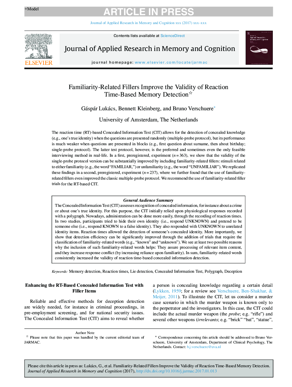 Familiarity-Related Fillers Improve the Validity of Reaction Time-Based Memory Detection