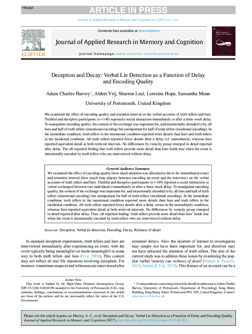 Deception and Decay: Verbal Lie Detection as a Function of Delay and Encoding Quality