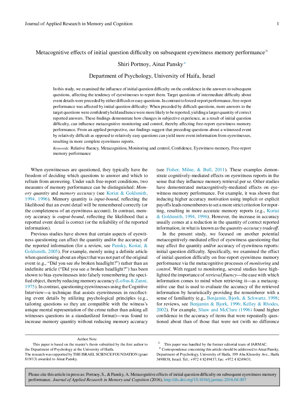 Metacognitive Effects of Initial Question Difficulty on Subsequent Eyewitness Memory Performance