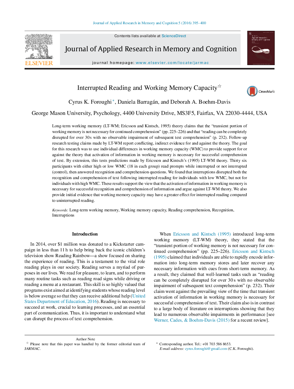 Interrupted Reading and Working Memory Capacity