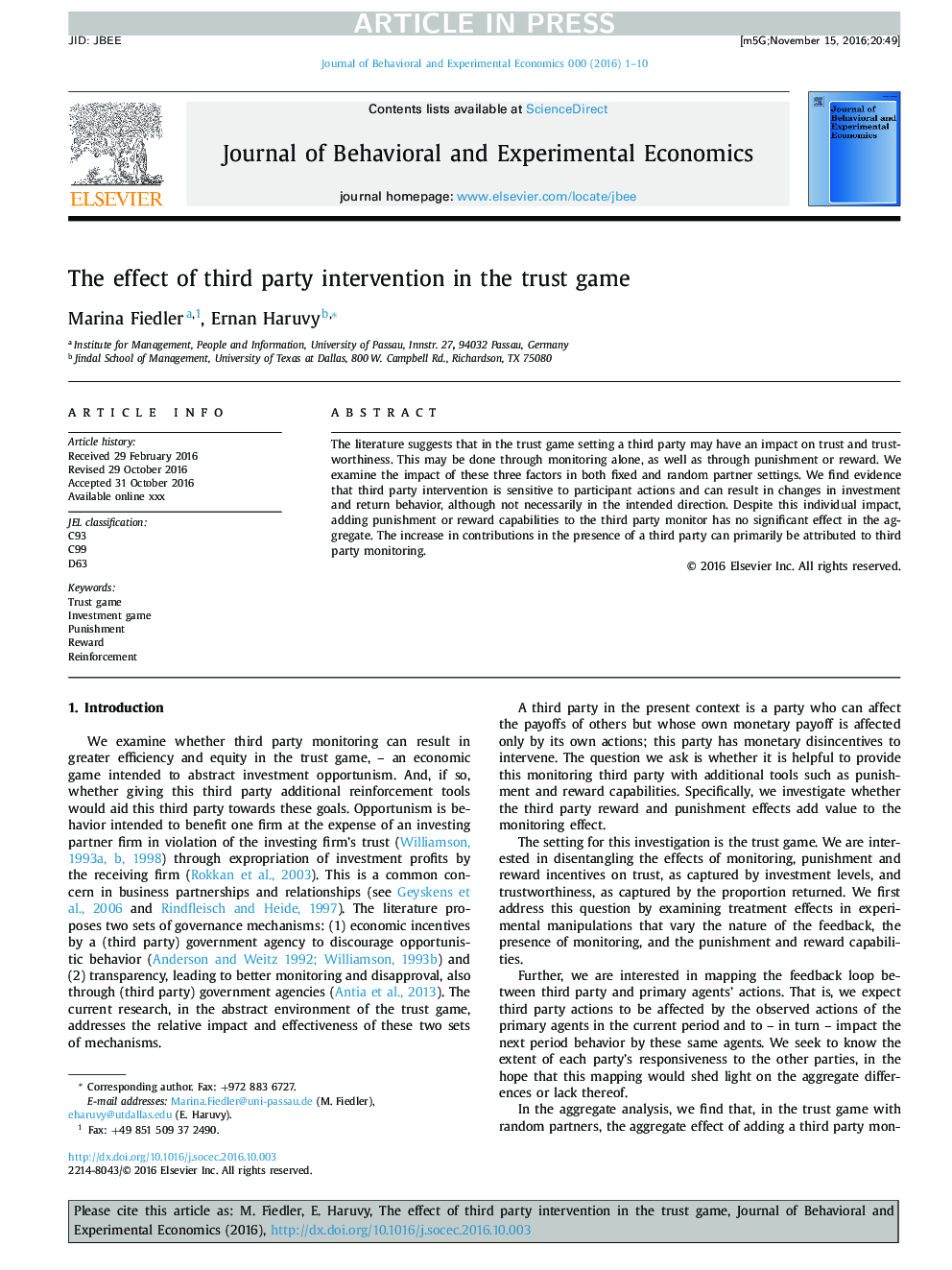 The effect of third party intervention in the trust game