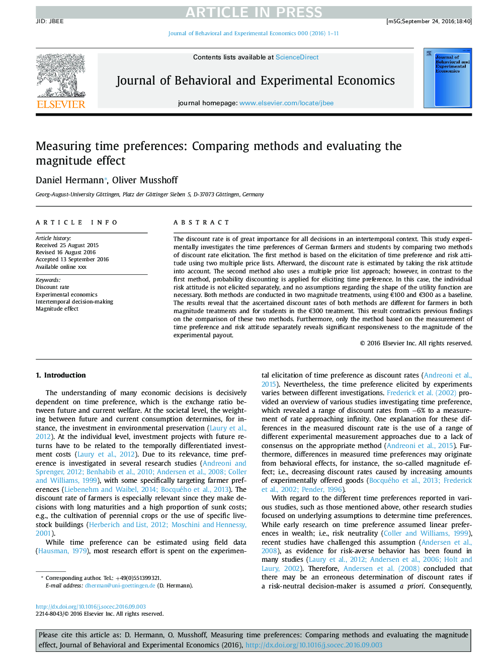 Measuring time preferences: Comparing methods and evaluating the magnitude effect