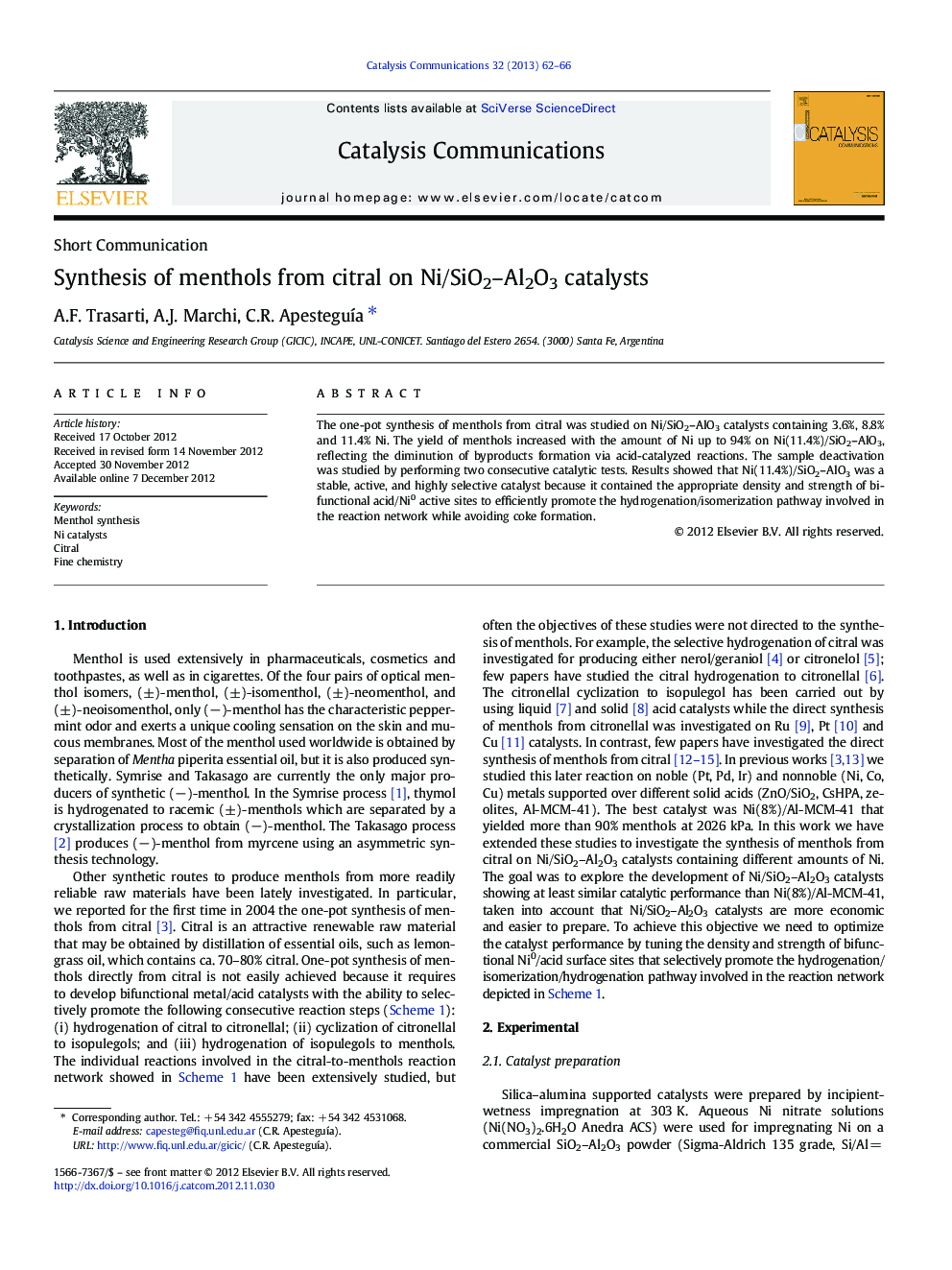 Synthesis of menthols from citral on Ni/SiO2–Al2O3 catalysts