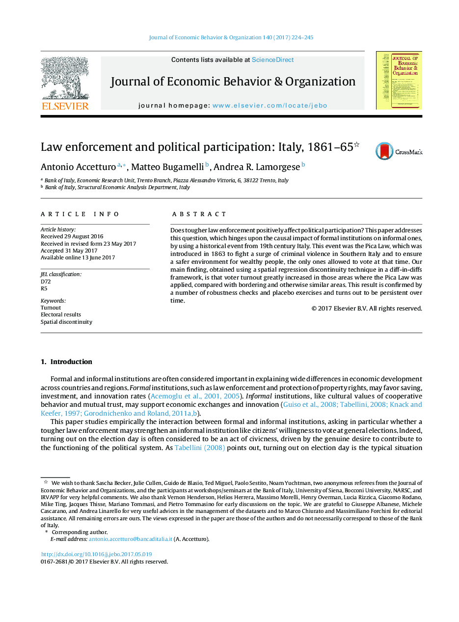 Law enforcement and political participation: Italy, 1861-65