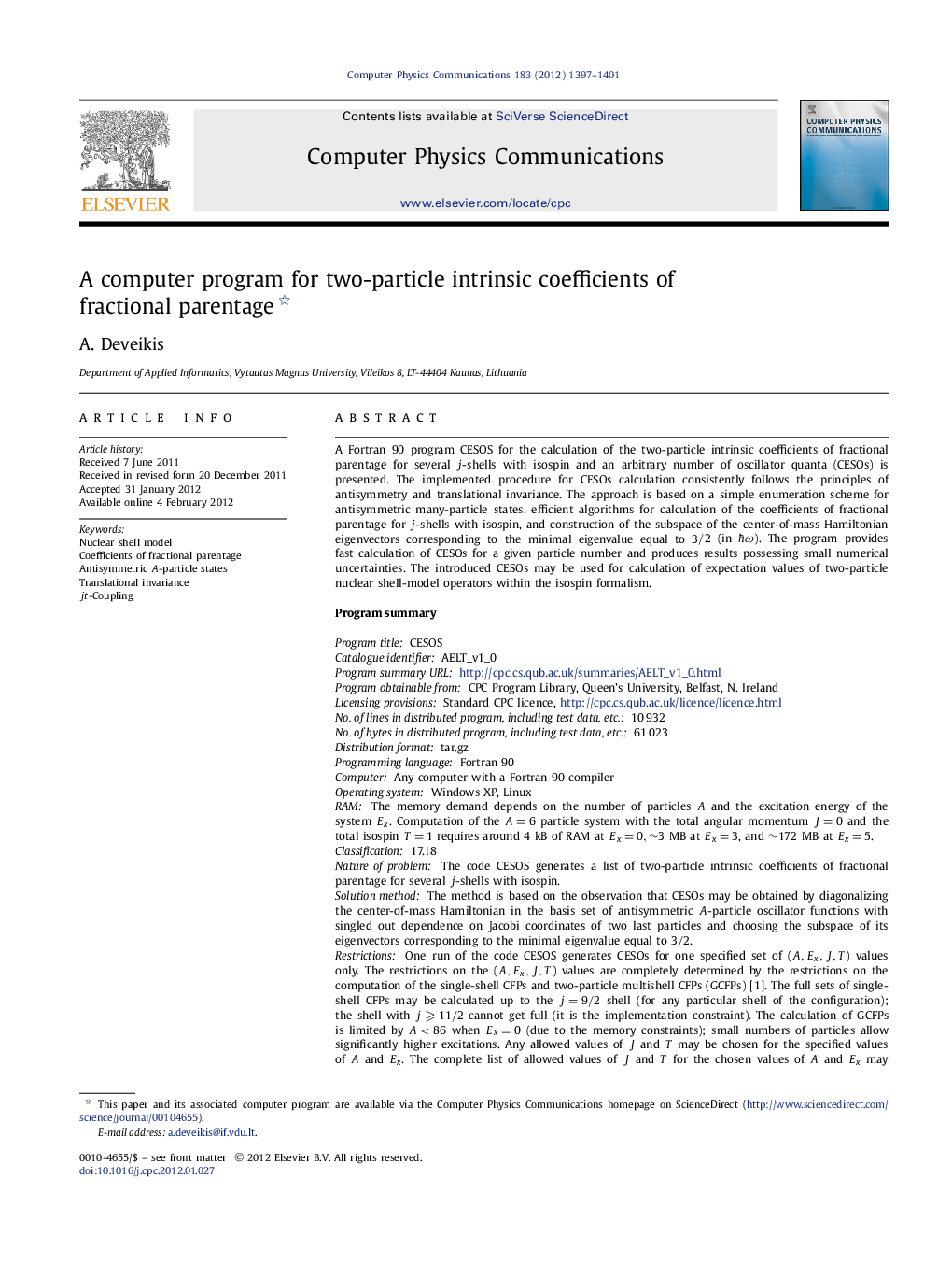 A computer program for two-particle intrinsic coefficients of fractional parentage 