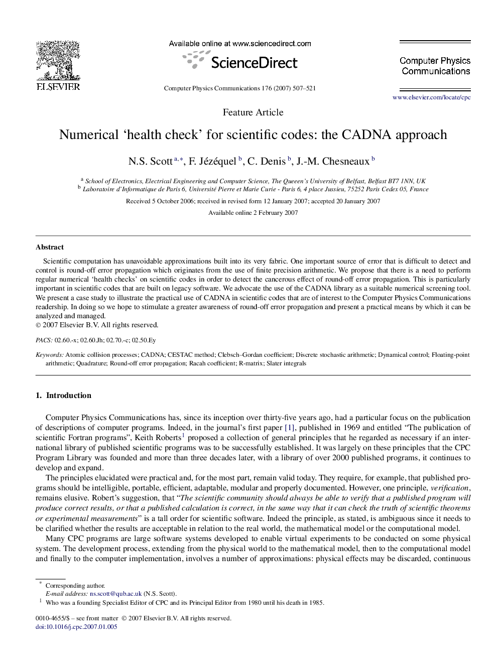 Numerical ‘health check’ for scientific codes: the CADNA approach