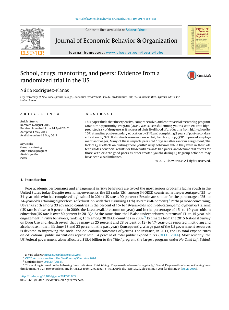 School, drugs, mentoring, and peers: Evidence from a randomized trial in the US