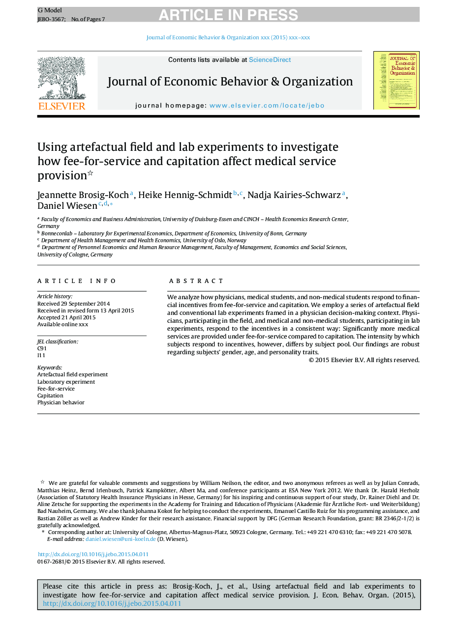 Using artefactual field and lab experiments to investigate how fee-for-service and capitation affect medical service provision