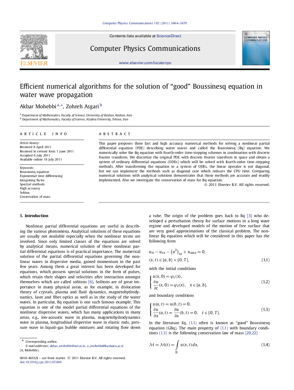 Efficient numerical algorithms for the solution of “good” Boussinesq equation in water wave propagation