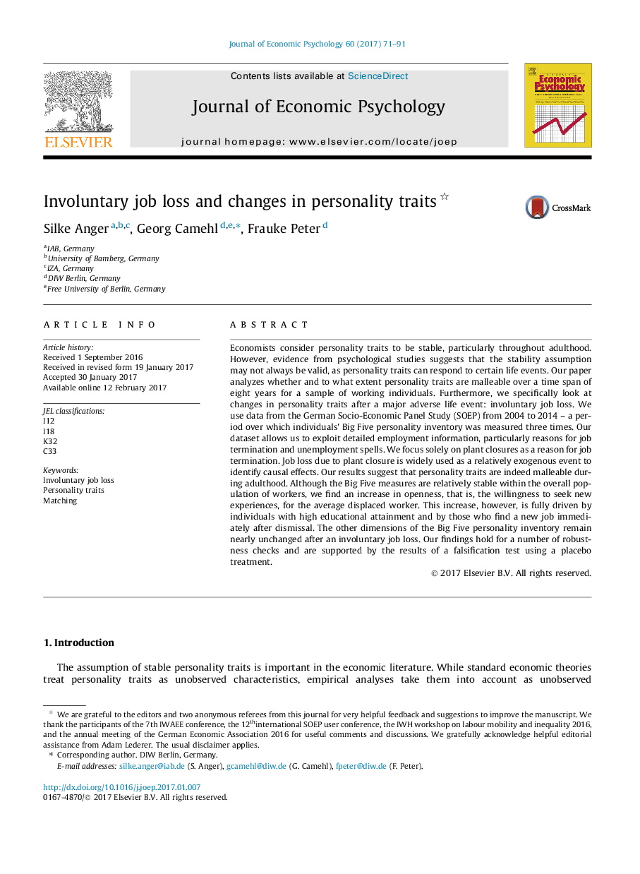 Involuntary job loss and changes in personality traits