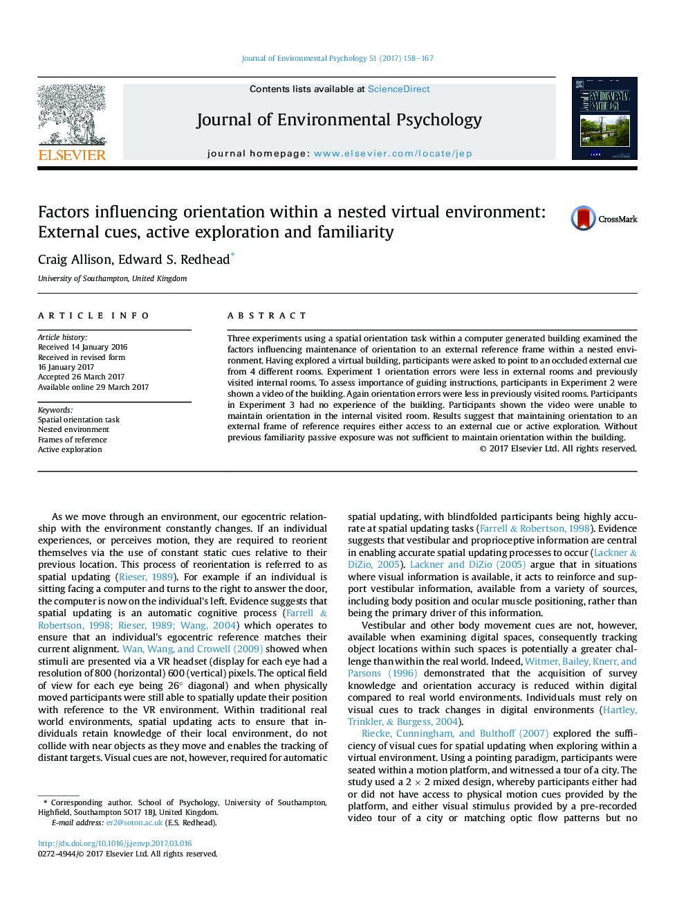 Factors influencing orientation within a nested virtual environment: External cues, active exploration and familiarity