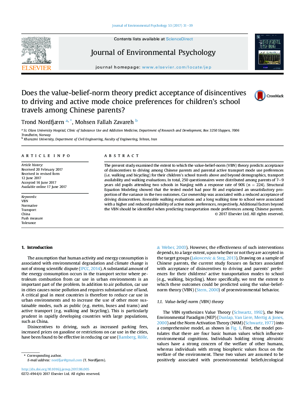 Does the value-belief-norm theory predict acceptance of disincentives to driving and active mode choice preferences for children's school travels among Chinese parents?