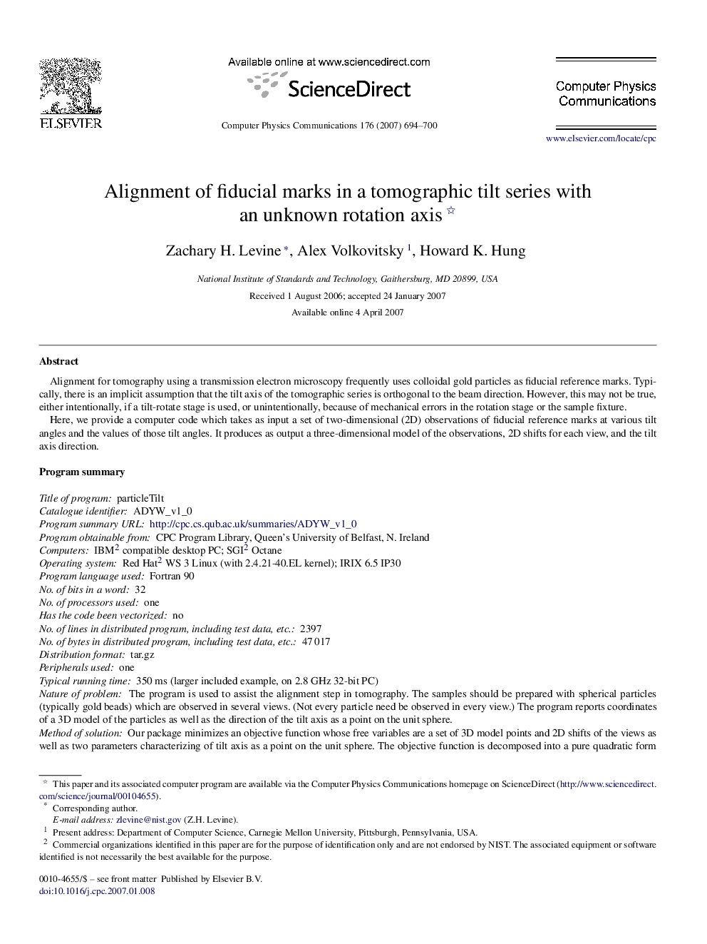 Alignment of fiducial marks in a tomographic tilt series with an unknown rotation axis 