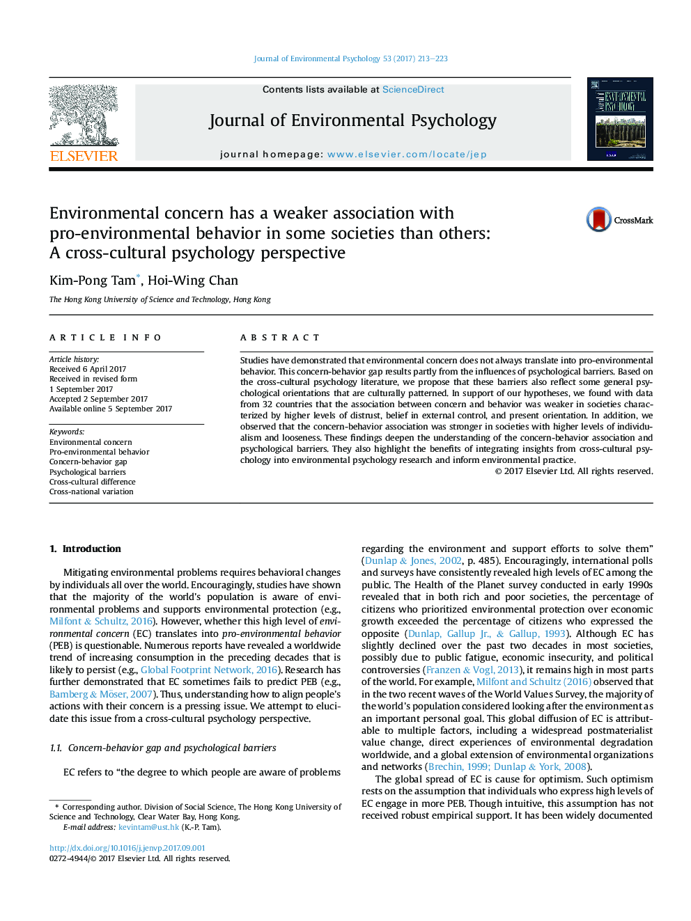 Environmental concern has a weaker association with pro-environmental behavior in some societies than others: A cross-cultural psychology perspective