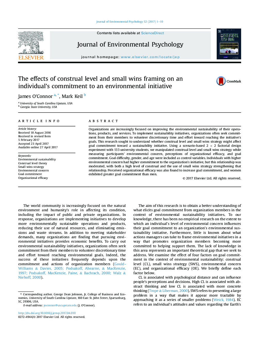 The effects of construal level and small wins framing on an individual's commitment to an environmental initiative